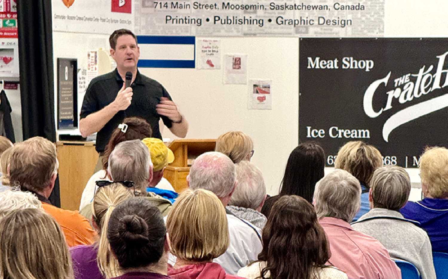 Moosomin Mayor Murray Gray speaking at a public meeting. A town hall with all the council members will be held at the Conexus Convention Centre this Thursday